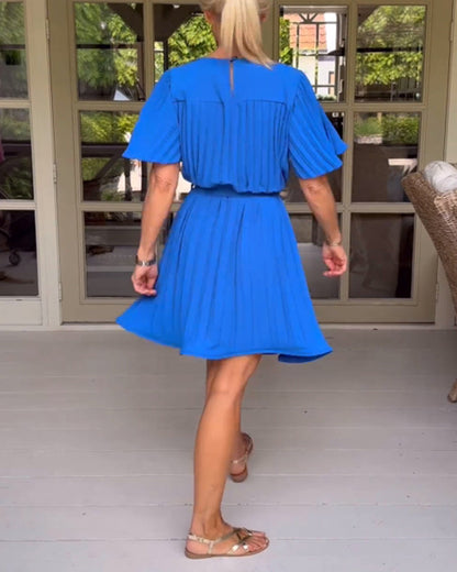 Round neck pleated solid color dress casual dresses summer