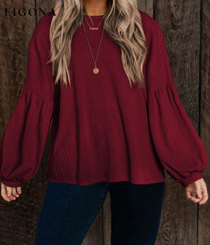 Red Dahlia Plus Size Balloon Sleeve Textured Knit Top All In Stock clothes Color Red EDM Monthly Recomend Fabric Ribbed long sleeve shirts long sleeve top long sleeve tops Occasion Daily Print Solid Color Season Fall & Autumn shirt shirts Style Western top tops