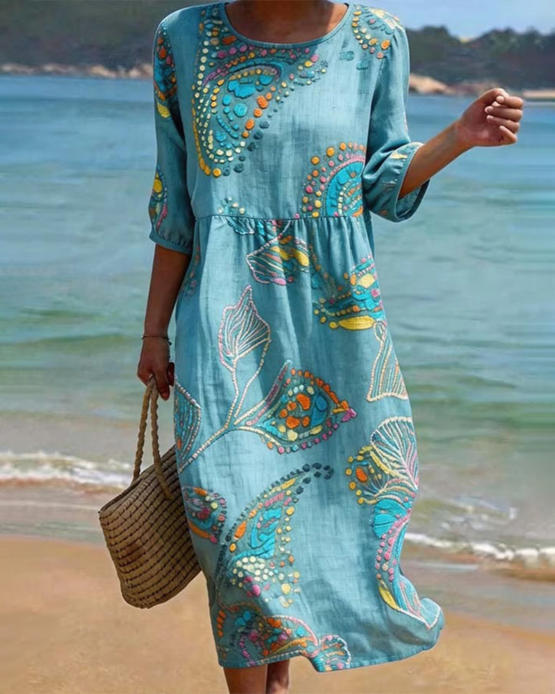Print Round Neck Shirred Casual Dress