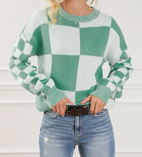 Checkered Drop Shoulder Long Sleeve Sweater Gum Leaf clothes Ship From Overseas Sweater sweaters Sweatshirt SYNZ
