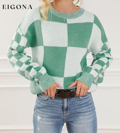 Checkered Drop Shoulder Long Sleeve Sweater Gum Leaf clothes Ship From Overseas Sweater sweaters Sweatshirt SYNZ