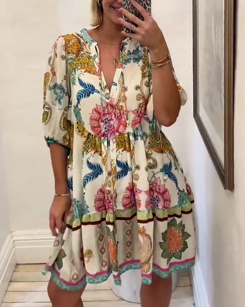 Bohemian V-Neck Printed Babydoll Dress