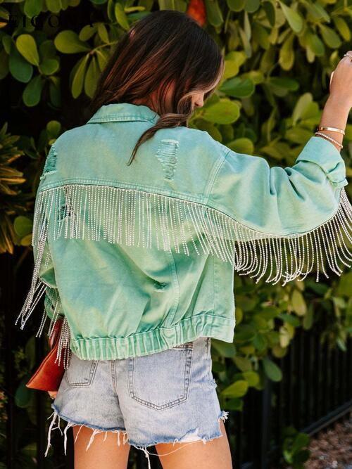 Fringed Chain Raw Hem Distressed Denim Jacket C@X@Y clothes Jacket Jackets & Coats Ship From Overseas