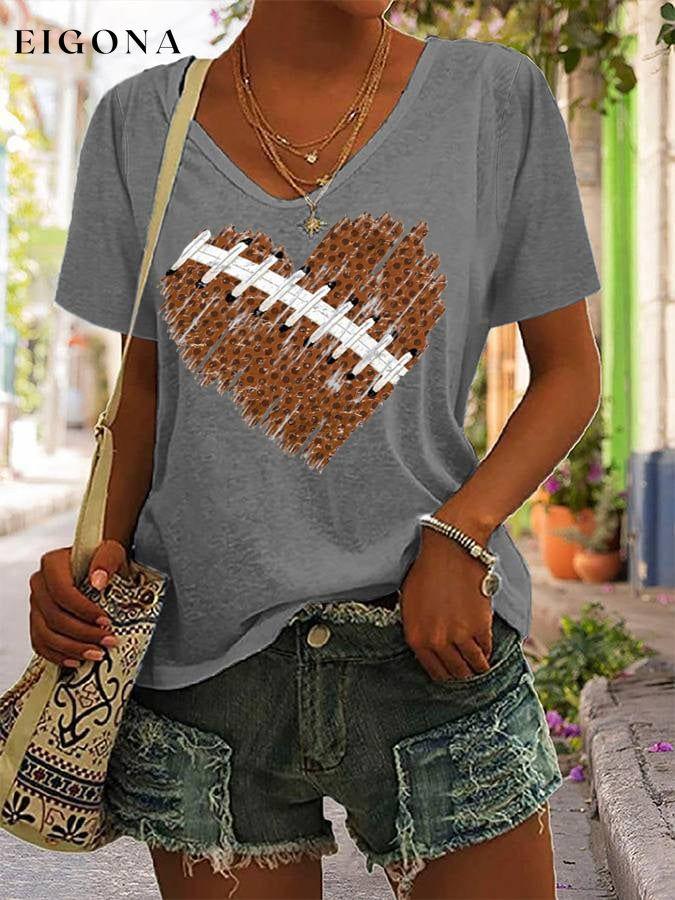 Women's Football Heart Print Casual V-Neck Tee ball print