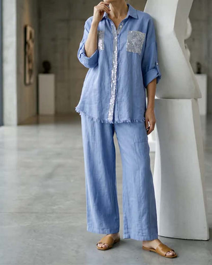 V-Neck Shirt Shimmer Wide Leg Solid Set