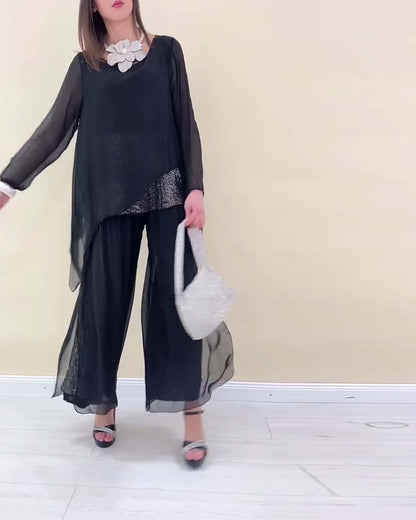 Long-Sleeved Sequined Solid Color Suit