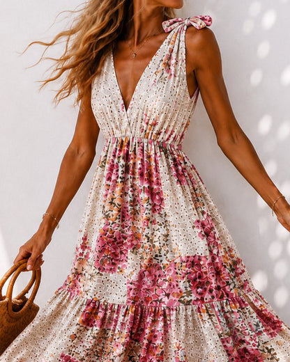 Floral Tie V-Neck Tiered Dress