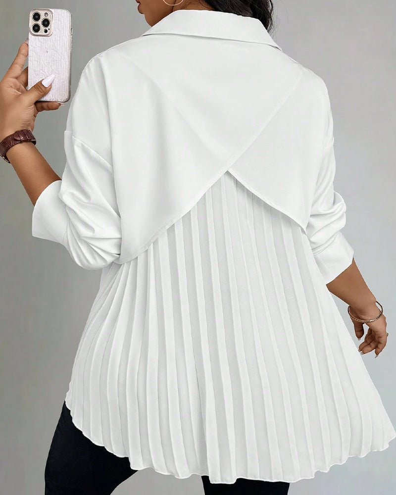 Lapel Long Sleeve Pleated Blouse
