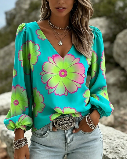 Color Block Large Floral Print Lantern Sleeve Blouse
