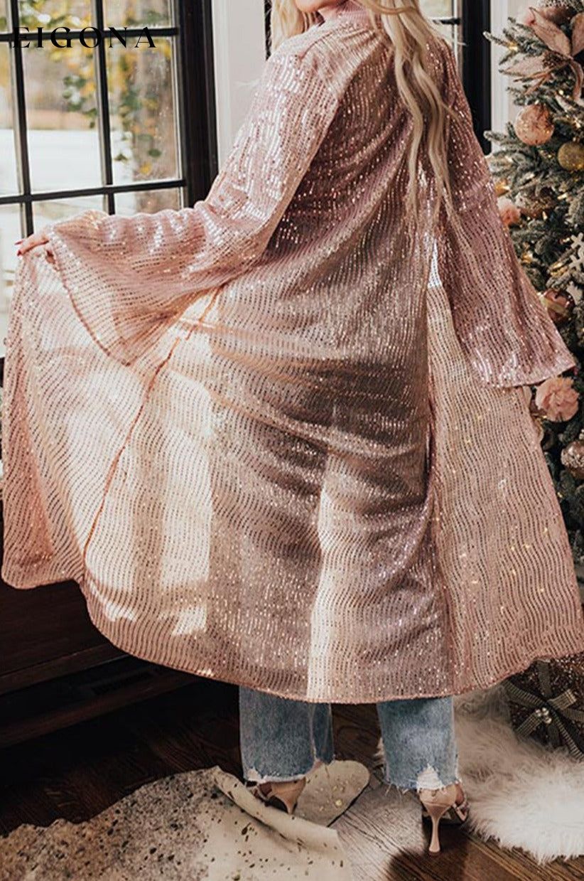 Rose Tan Open Front Long Sequin Kimono Sequin Cardigan All In Stock cardigan cardigans clothes Color Pink Craft Sequin Day Christmas Occasion Night Out Print Solid Color Season Winter Style Southern Belle Sweater sweaters