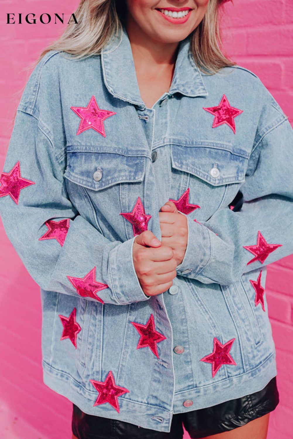 Light Blue Sequin Star Flap Pocket Denim Jacket All In Stock Category Shacket clothes Color Pink Craft Sequin Fabric Denim Occasion Daily Season Fall & Autumn Style Western