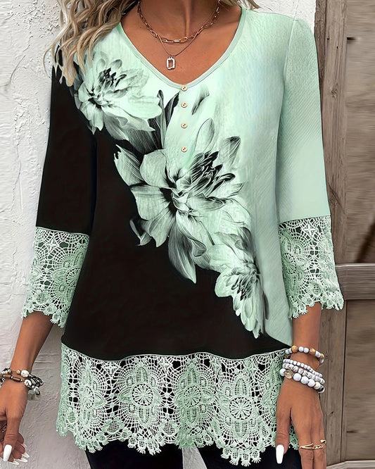 V-Neck Floral Color-Blocked Lace-Trimmed Shirt spring summer t- shirt
