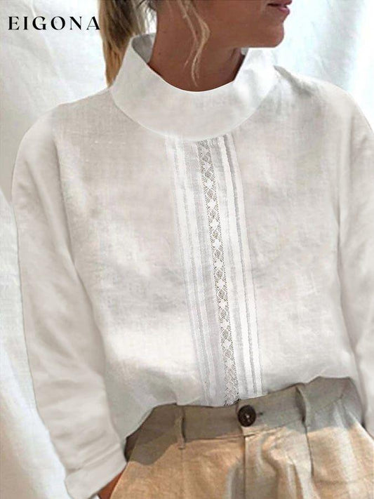 Half Turtleneck Lace Design Long Sleeve Casual Shirt cotton linens