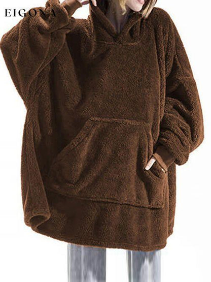 Long Sleeve Pocketed Hooded Fuzzy Sweater, Lounge Top Chestnut One Size clothes lounge lounge wear loungewear M@F@T Ship From Overseas Sweater sweaters Sweatshirt
