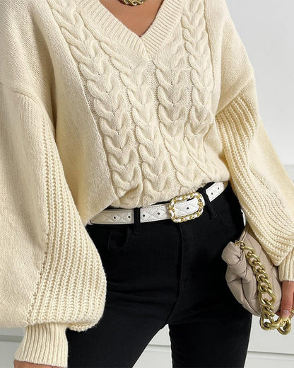 V-Neck Solid Color Cable Knit Pullover