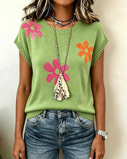 Crewneck Floral Pattern Knit Pullover