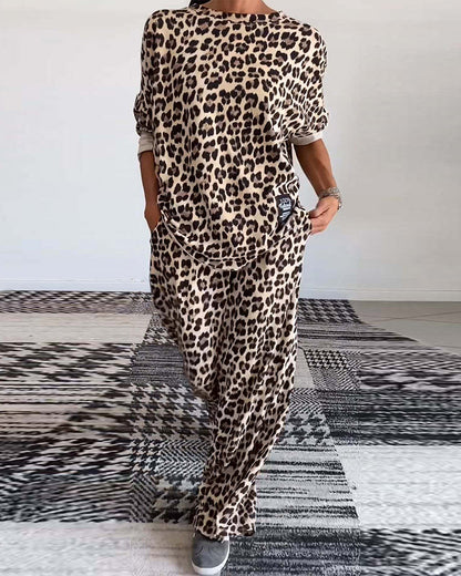 Casual leopard print crew neck pocket top wide leg pants set 2024 f/w two-piece sets