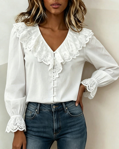 V-Neck Lace Trim Single Breasted Blouse