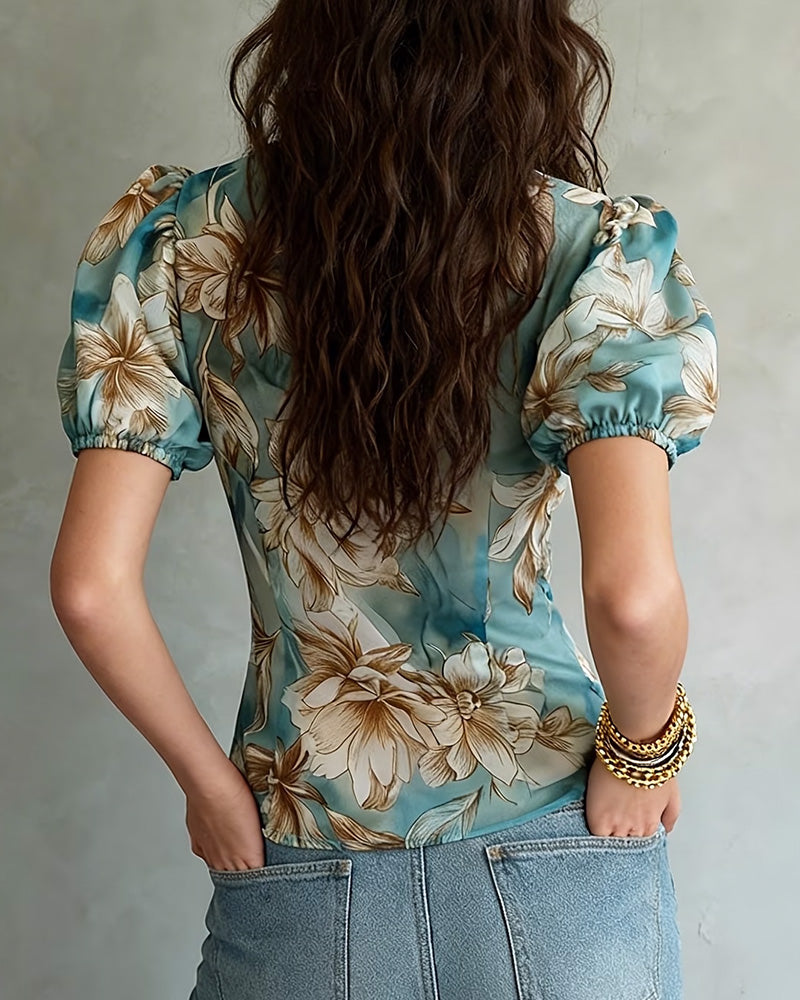 Ruffled Floral Puff Sleeve Blouse