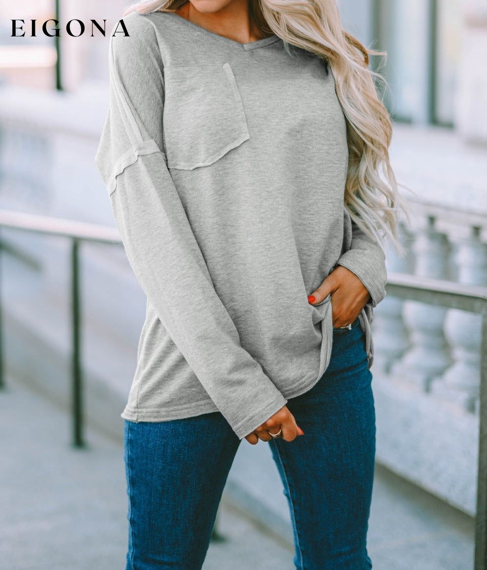 Gray Pocketed Oversized Drop Sleeve Top All In Stock clothes Craft Patchwork DL Exclusive Hot picks long sleeve shirts long sleeve top Occasion Daily Season Fall & Autumn Style Casual tops