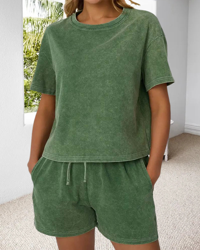Washed Vintage Crew Neck Casual Set