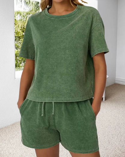 Washed Vintage Crew Neck Casual Set