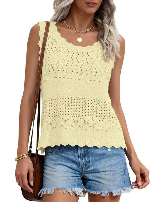 Hollow-Out Wavy Edge Sleeveless Tank Top spring summer tank tops & camis
