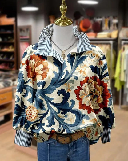 Vintage Floral Patchwork Stripe Lapel Blouse blouses & shirts spring summer