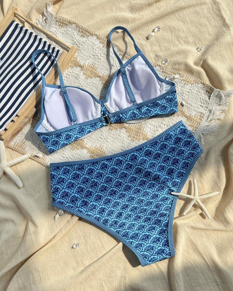Sexy Suspender Triangle Print Bikini