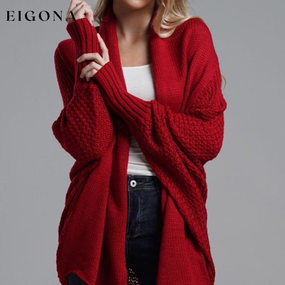 Double Take Sleeve Open Front Ribbed Trim Longline Cardigan Wine One Size cardigan cardigans clothes Double Take Ship From Overseas sweaters