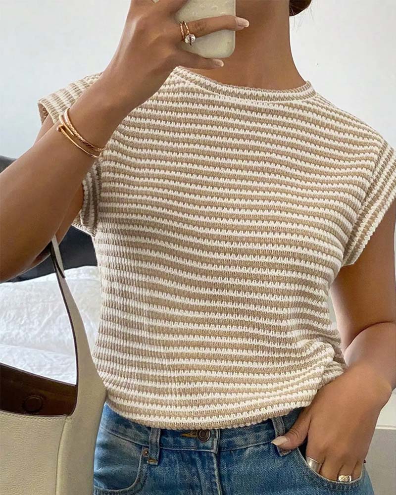 Stripe Crewneck Short Sleeve Casual Top