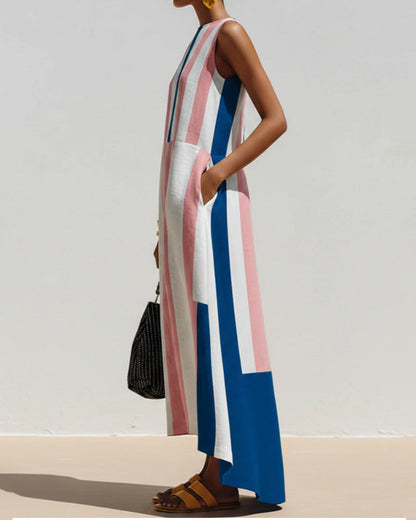 Crew Neck Color Block Vertical Stripe Sleeveless Dress