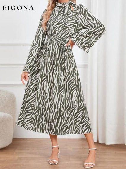 Animal Print Tie Front Ruffle Trim Long Sleeve Casual Maxi Midi Dress