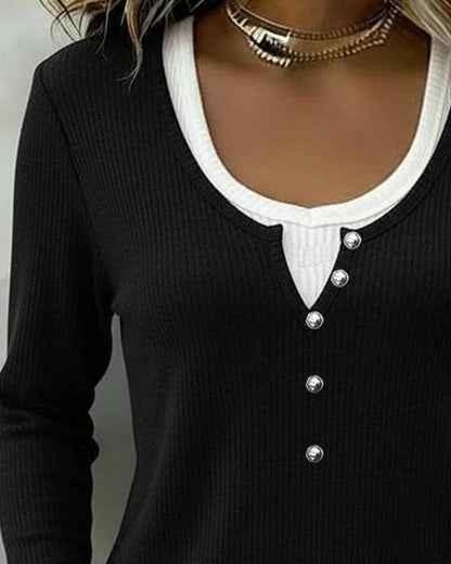 Color-Blocked Button Long-Sleeved Top