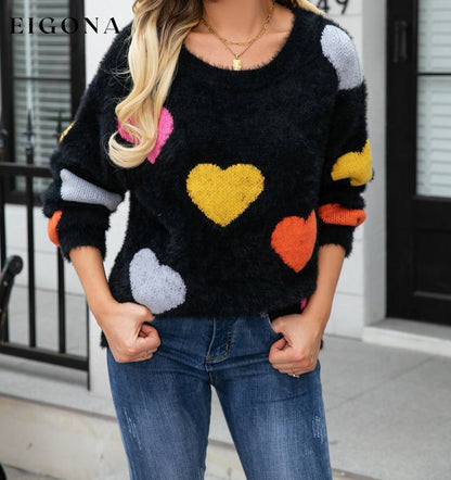 Heart Pattern Round Neck Long Sleeve Sweater Black clothes Ship From Overseas Sweater sweaters Sweatshirt trend Y.S.J.Y