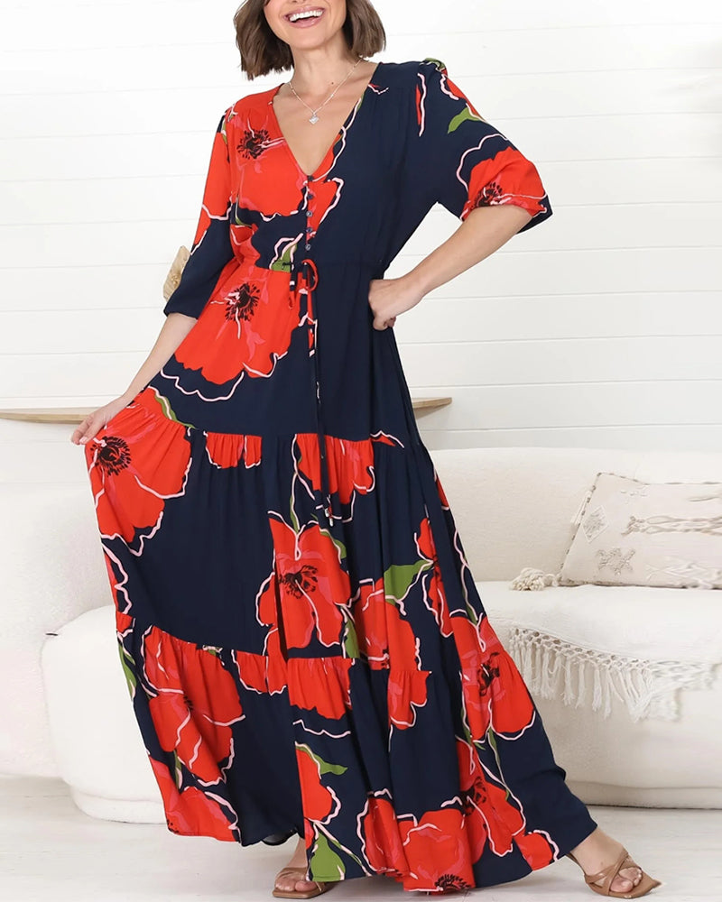 Elegant floral print waist slit dress 202466 casual dresses spring summer