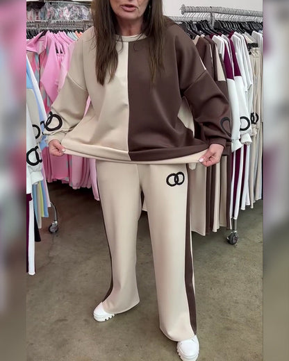 Contrast Color Casual Sweatshirt Set