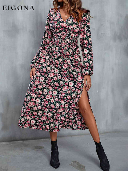 Floral V-Neck Slit Midi Dress clothes Hundredth Ship From Overseas