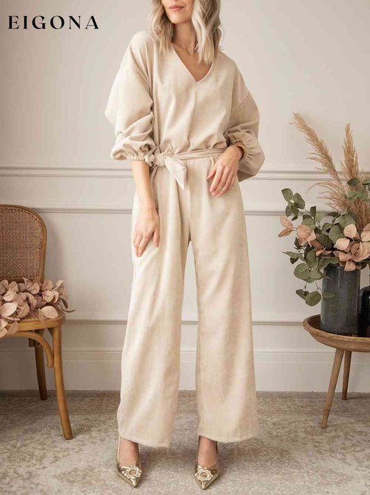 V-Neck Tie Waist Wide Leg Jumpsuit Cream Clothes Ship From Overseas SYNZ
