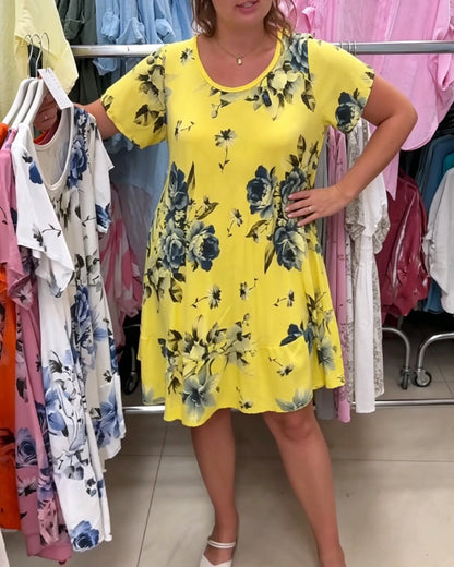 Crew Neck Floral A-Line Dress