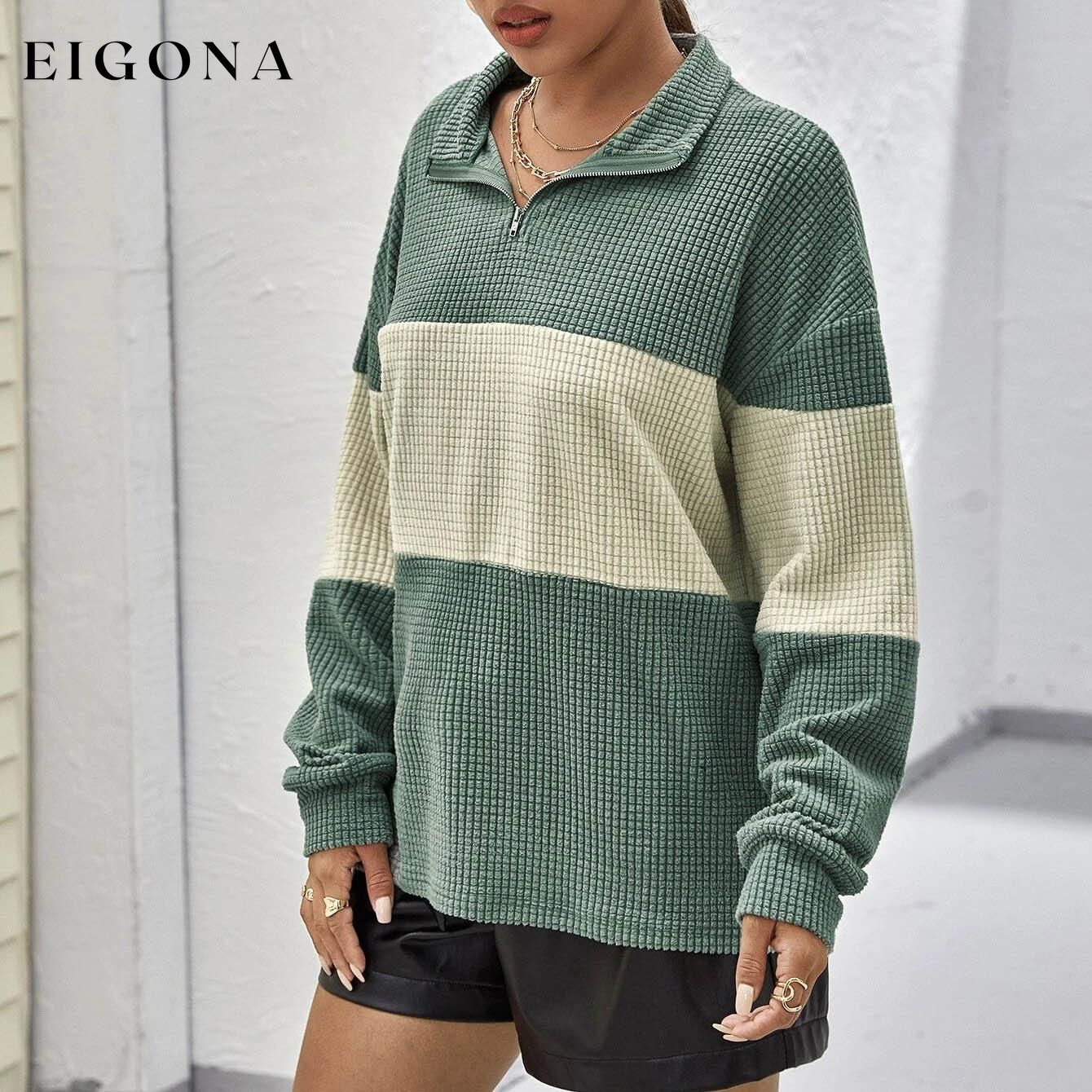 Drop Shoulder Two Tone Textured Half Placket Pullover __stock:500 clothes refund_fee:1200 tops
