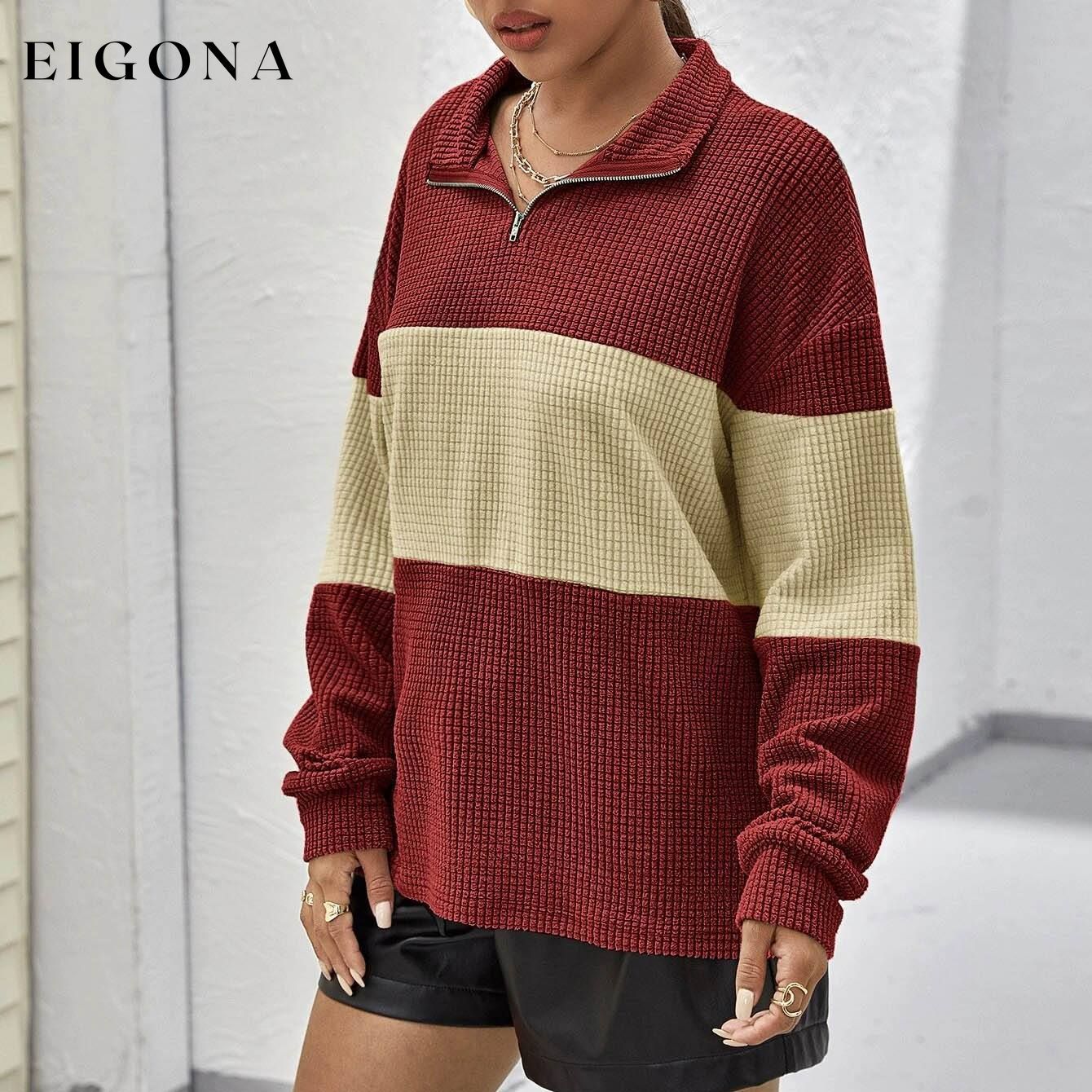 Drop Shoulder Two Tone Textured Half Placket Pullover __stock:500 clothes refund_fee:1200 tops