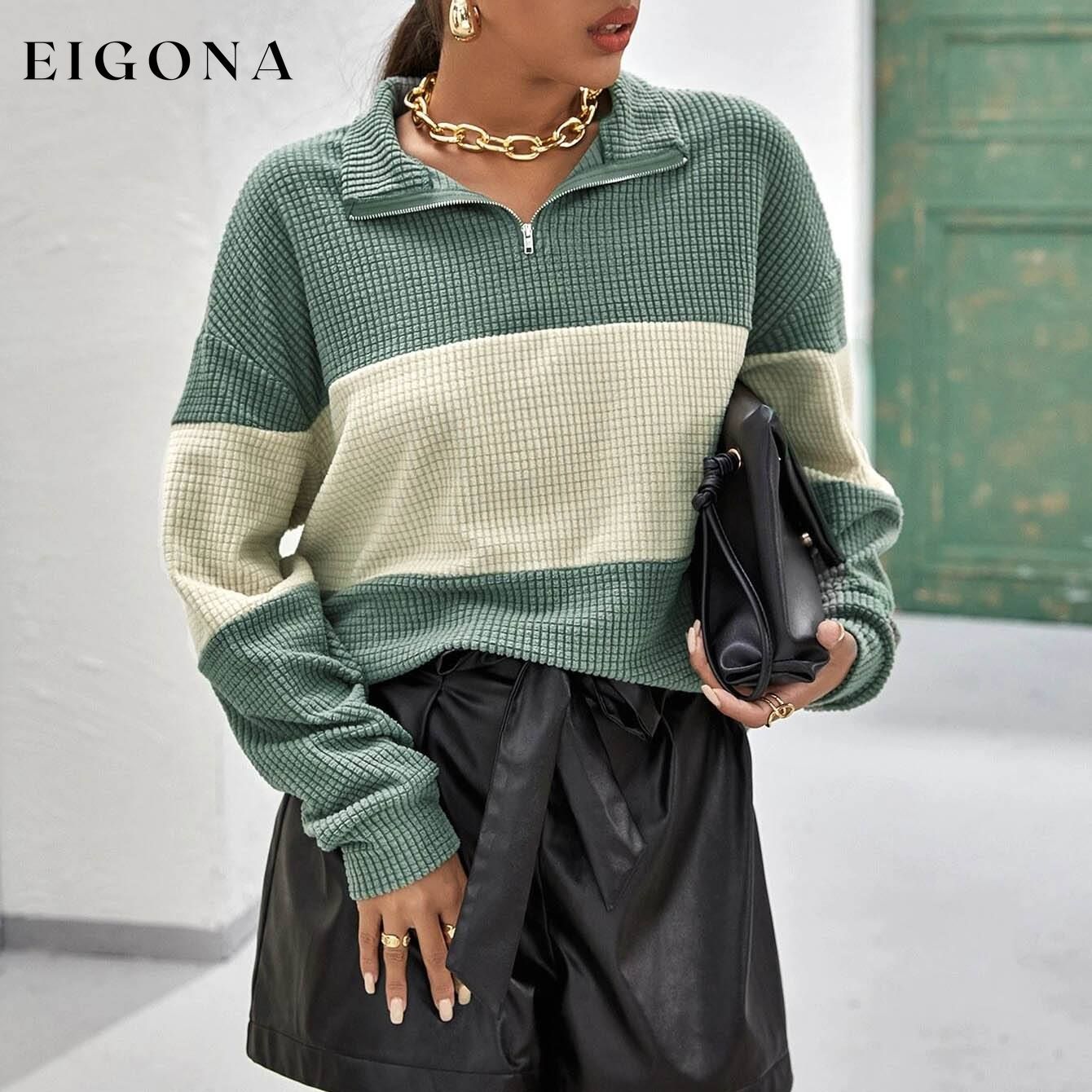 Drop Shoulder Two Tone Textured Half Placket Pullover Green __stock:500 clothes refund_fee:1200 tops