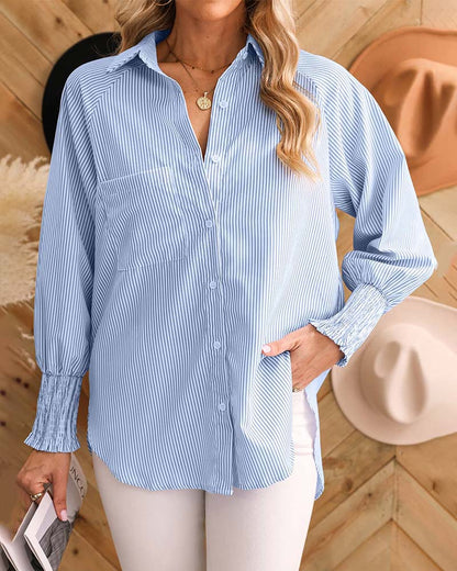 Casual striped printed lantern sleeve lapel shirt 2024 f/w blouses & shirts spring