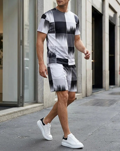 Black and White Gradient Plaid Short Sleeve Set