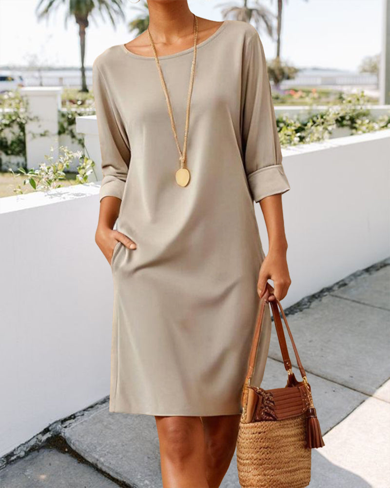 Casual solid color pocket round neck dress casual dresses spring summer