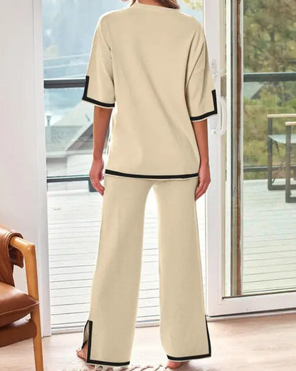 Round Neck Loose Contrast Trim Wide Leg Set