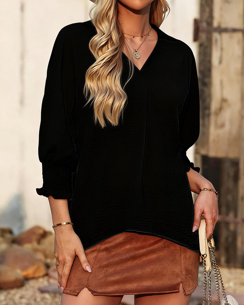 V-Neck Loose Fit Three-Quarter Sleeve Blouse