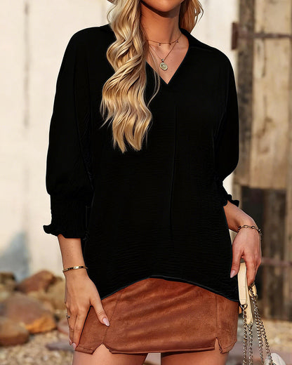 V-Neck Loose Fit Three-Quarter Sleeve Blouse