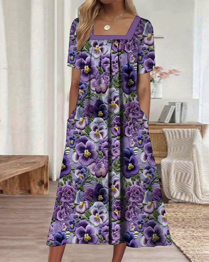 Square Neck Floral Pleated Maxi Dress